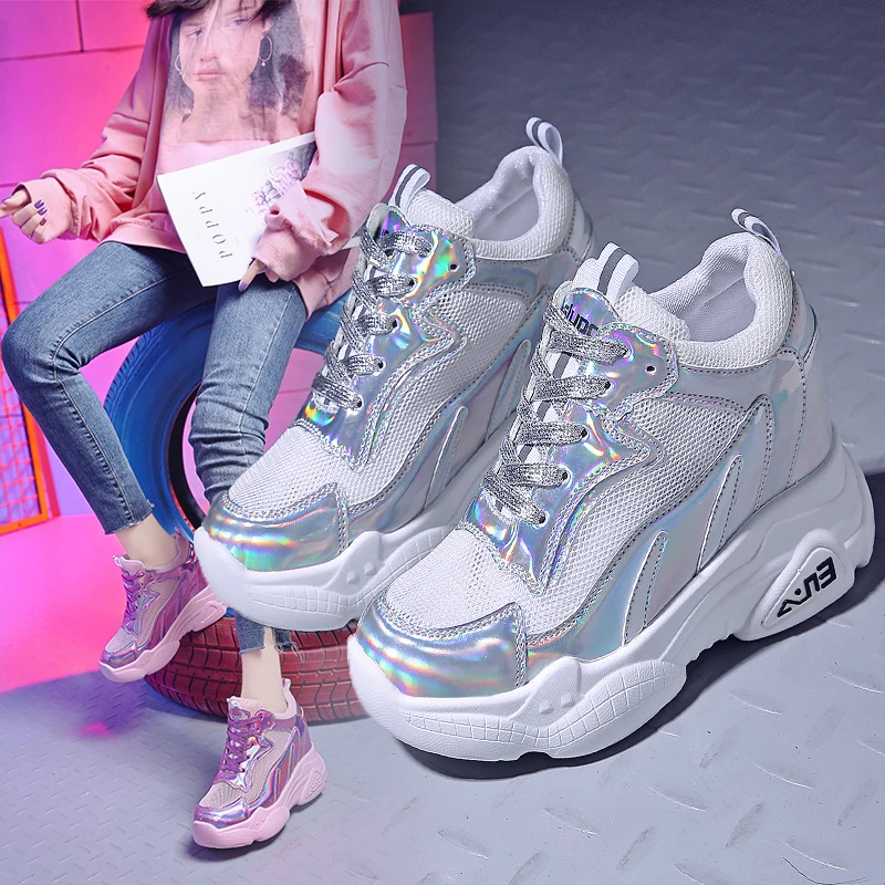 

10cm High Heel Women Sneakers Mesh Breathable Chunky Sneakers Elevator Casual Shoes Woman Ladies Trainers Flats Platform Wedges