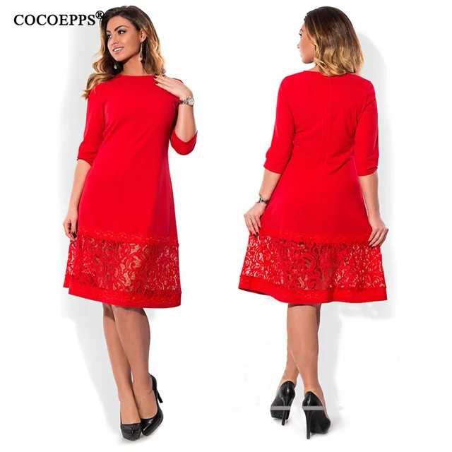 COCOEPPS L-6XL, Элегантное синее женское платье больших размеров, осенние свободные платья с круглым вырезом размера плюс, платье до колен, Черное Красное Повседневное платье - Цвет: Красный