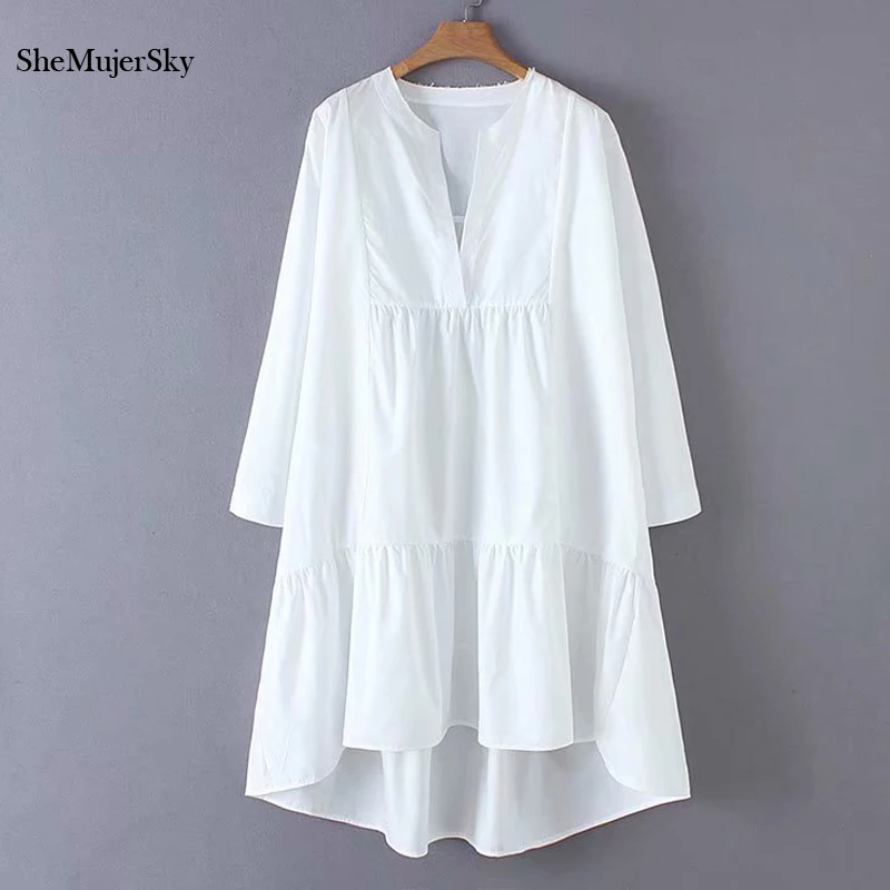 

SheMujerSky Long Sleeve White Poplin Dress V-neck Midi Women Dress Elegant vestidos elegantes 2019