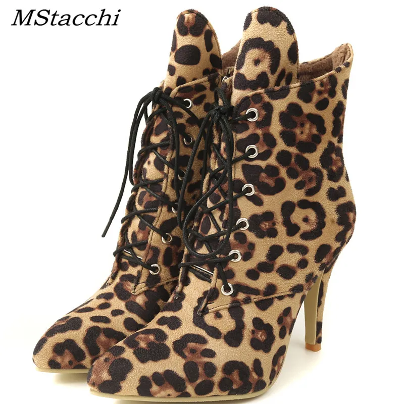 

MStacchi 2018 Winter Plus Size 32-46 Leopard Print High Heesl Women Boots Pointed Toe Footwear Female Party Boot Zip Shoes Woman