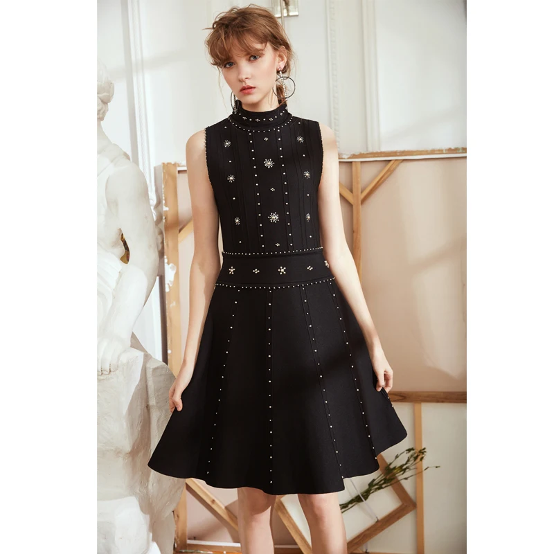 

Sexy Backless Party Club Dresses New 2018 Spring Women Vintage Beaded High Quality Knitted Dress Slim Fitted Night Dress