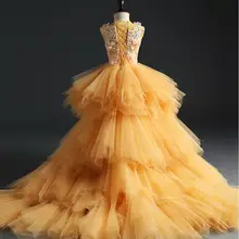 Элегантное платье с цветочным узором и длинным шлейфом для девочек на свадьбу; Золотое Платье-пачка с цветочным рисунком; детское платье для торжеств; платье для первого причастия; вечерние платья для выпускного вечера