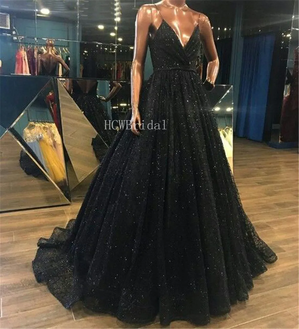 

Hot Selling Black Sequins Evening Dress Sweetheart Spaghetti Strap Backless Sexy Prom Gown 2019 High Quality Party Dresses Cheap