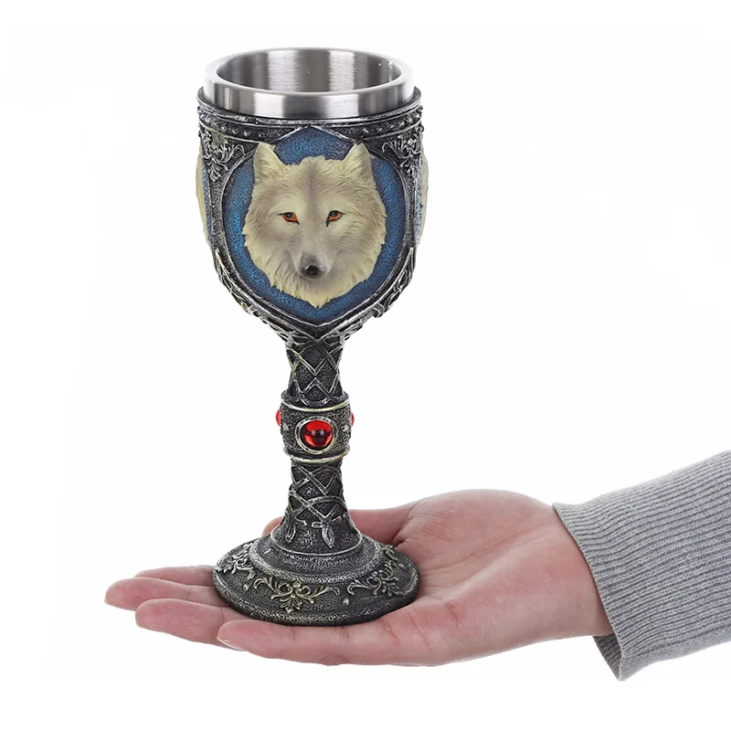 

TV serial Game Of Thrones House Stark Family Jon Snow Wolf Resin Stainless Artwork WineGlass Goblet Cup