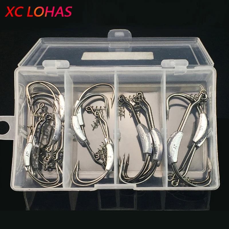 

25 Pcs/box High Strength Lead Fishhooks Offset Fishing Hook with Soft Worm Spring Lock Pin Fishing Accessories Tackle Box
