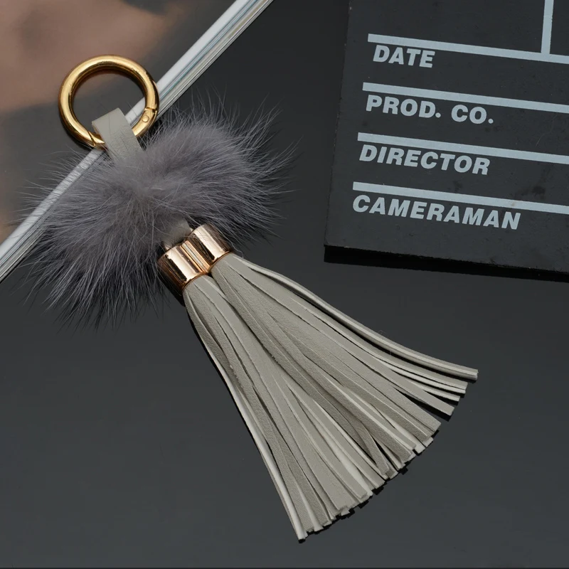 Новые Кожаные Кисточки с меховым мячом норки брелок с двумя кисточками для автомобиля брелок для сумки кольцо для ключей ювелирные изделия EH815