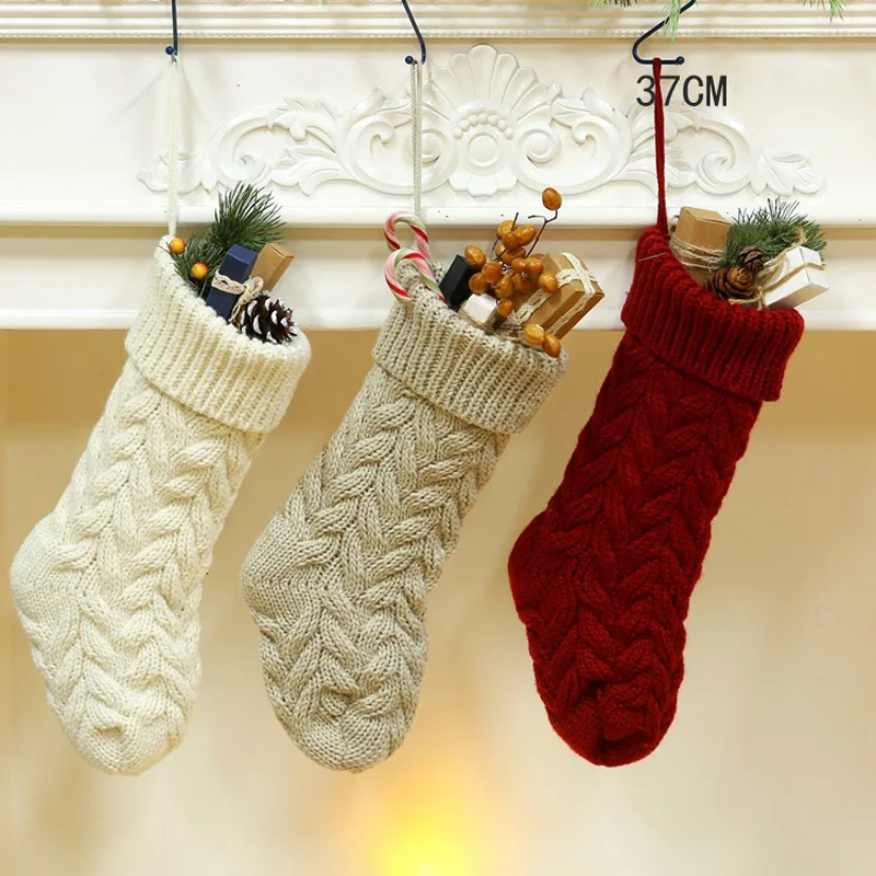 

New Knitted Christmas Stockings Decoration Candy Gift Bag Fireplace Decoration Xmas Tree Hanging Ornaments