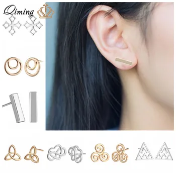 

Golden Minimalist Women's Earrings T Shape Bar Geometric Trendy Lady Ear Simple Design Triangle Love Stud Cheap Earring Gift