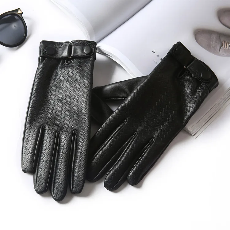 

Winter Men Genuine Leather Gloves Touch Screen High Quality Solid Black Real Sheepskin Driving Glove Button Fashion G583