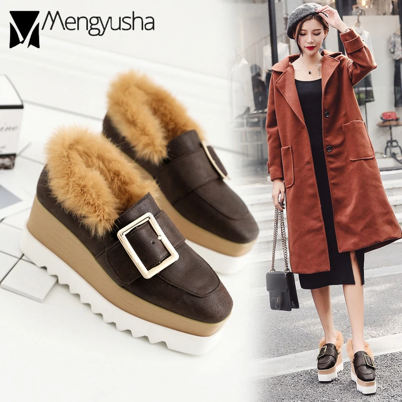 preppy style buckle thick bottom shoes woman rabbit fur brogue shoes winter flock platform shoes woman real fur flat espadrilles