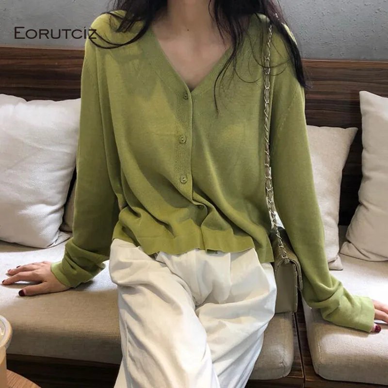 

EORUTCIZ Spring Oversize Knitted Cardigan Women Sweater Thin Casual Top Autumn V Neck White Long Sleeve Basic Coat LM464