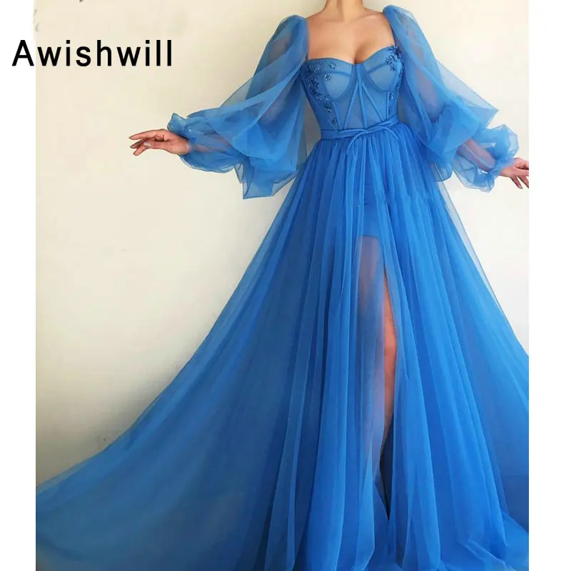 

Romantic Blue Evening Dresses 2019 A-line Tulle Beaded Puffy Long Sleeves Formal Prom Dress With Slit