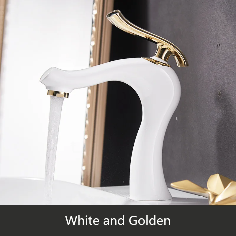 White and Golden Краны для раковины Смеситель кран латунь золото/черный/белый умывальник для ванной комнаты на бортике с одной ручкой горячий/холодный кран Dacing стиль - Цвет: White and Golden
