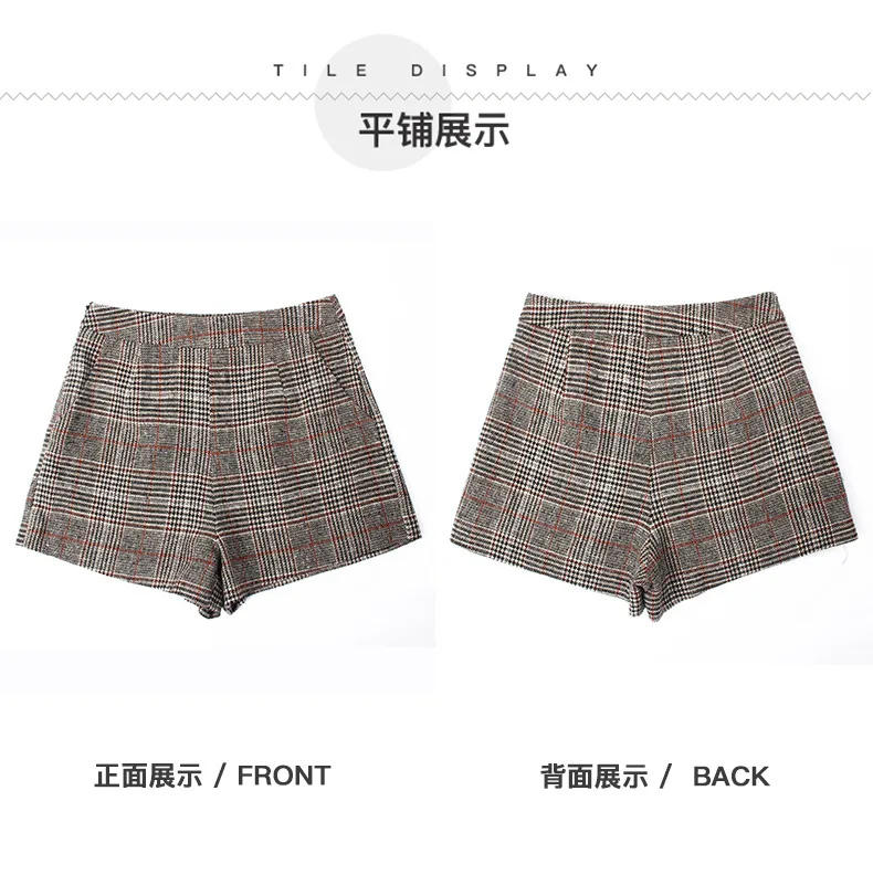 Vintage Plaid Shorts Women High Waist Shorts Fashion Pockets Straight Short Pants Autumn Winter Casual Slim Fit Wool Short