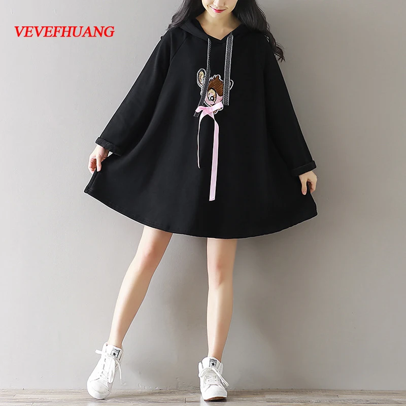 

Japanese Mori Girl Mini Women Black Dress Hooded Embroidery Deer Female Tunic Vestidos Oversize Spring Winter Warm Dress