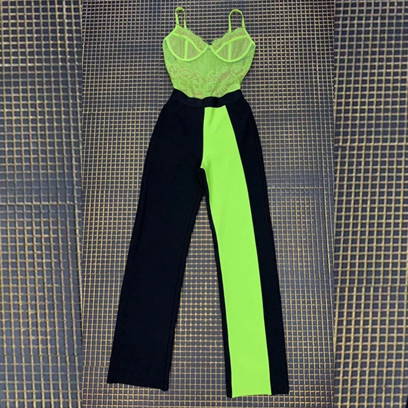 Модный летний сексуальный комплект из двух предметов, боди и штаны, черный с зеленым Лоскутная повязка, комбинезон для знаменитостей, Клубная одежда