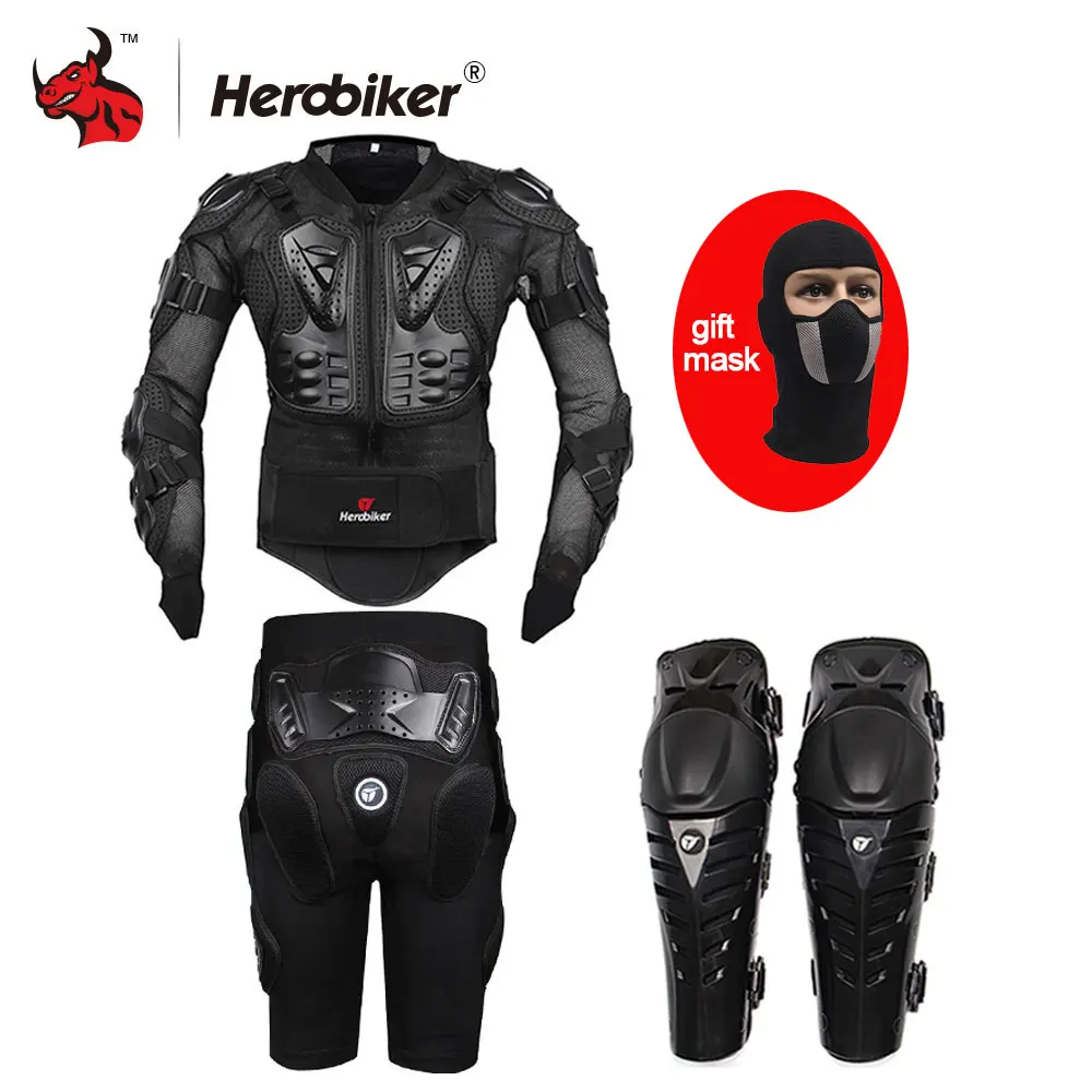 HEROBIKER, мотоциклетная броня, мото броня, броня для мотокросса, мотоциклетные куртки+ шестерни, Короткие штаны+ Защитные мотоциклетные наколенники - Цвет: Черный