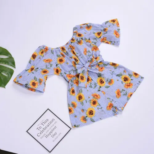 

Toddler Kids Baby Girl Summer Casual Clothes Cotton Stripe Jumpsuit Fashion Chrysanthemum Print Bodysuit Outfits Set