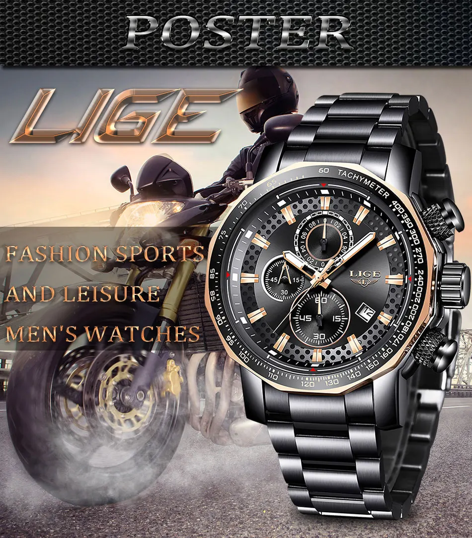 Montre Homme Luxe LIGE мужские часы Нержавеющая сталь Водонепроницаемый Wrish часы Multi Функция золотые часы мужские роскошные спортивные часы + коробка