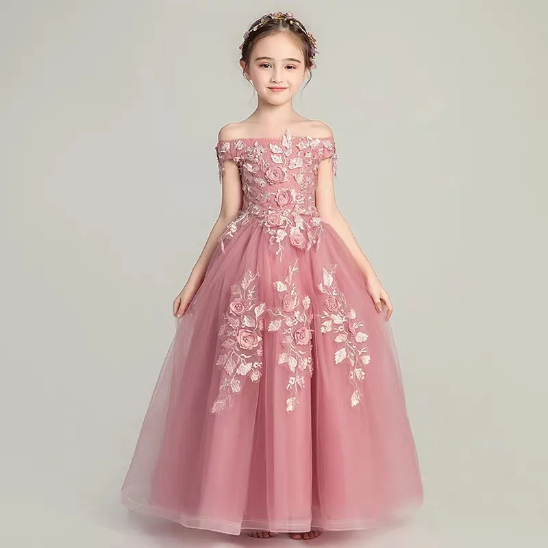 Детское роскошное платье принцессы без Плеч с цветочной аппликацией на день рождения и свадьбу; торжественное платье для девочек; Сетчатое платье для подростков