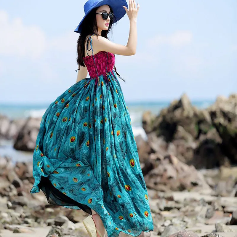 Богемное платье павлина женщина Весна и лето слинг платье для пляжного отдыха
