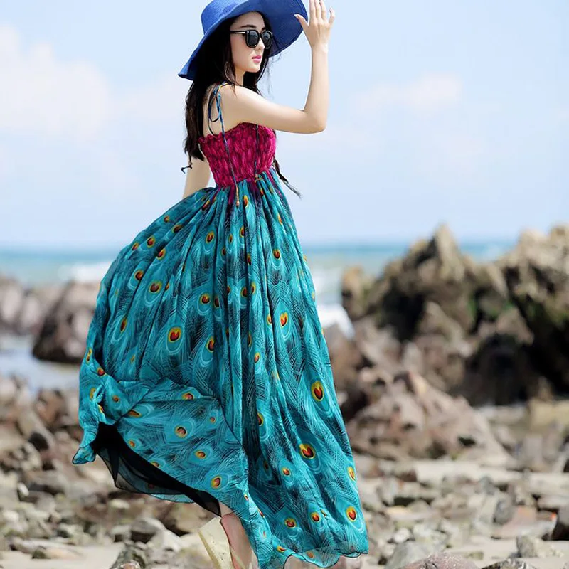 

Bohemian Peacock Dress woman 2019 Spring and summer new sling beach holiday dress