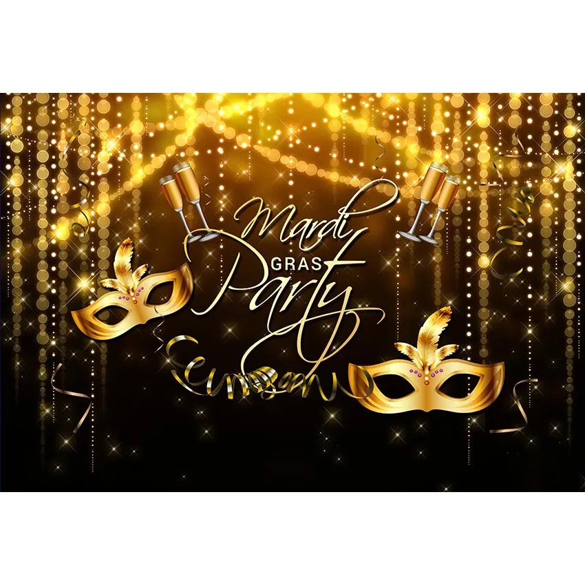 

Mardi Gras Party Photo Booth Backdrop Printed Bokeh Polka Dots Gold Masks Night Ball Event Banner Photography Backgrounds