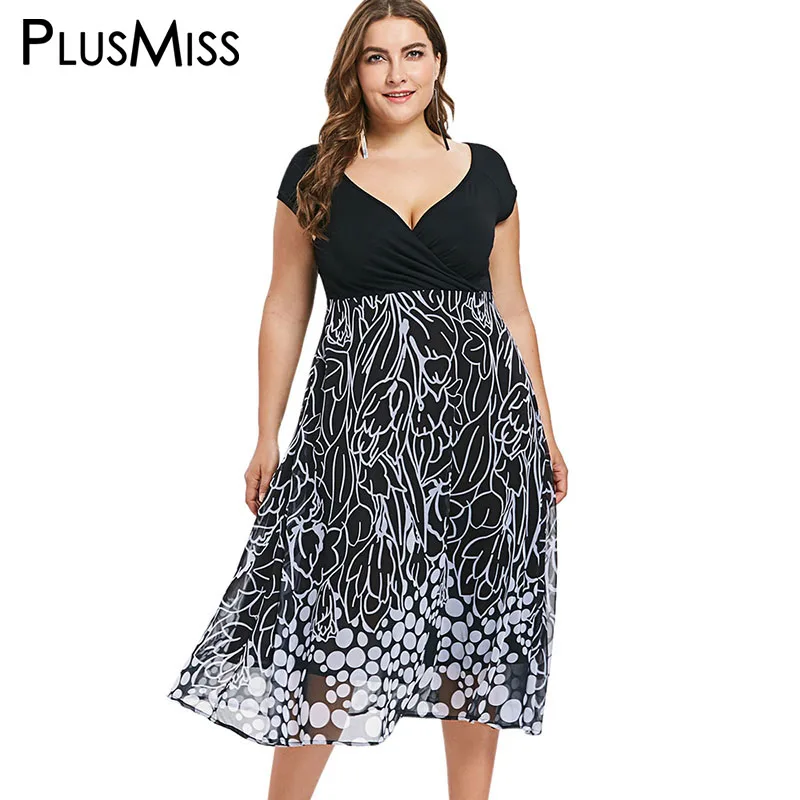 

PlusMiss Plus Size XXXXXL Sexy V Neck Summer Printed Chiffon Dress Women Clothing Big Size Short Sleeve Midi Dresses XXXXL XXXL