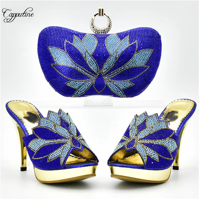 Wonderful party set matching thin high heel shoes and clutch handbag set with stones XY07 in purple, heel height 10cm