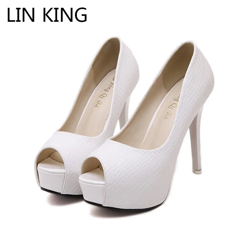 

LIN KING Sexy Super High Heel Shoes Black White Women Leather Pumps Thin Heel Ladies Platform Shoes Low Top Slip On Party Shoes