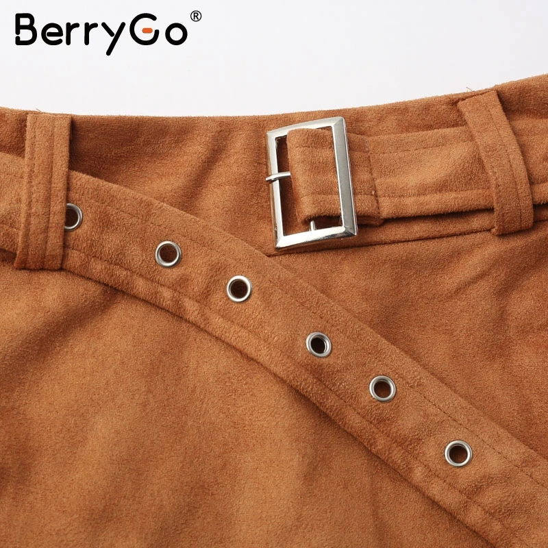 BerryGo Асимметричная замшевая кожаная женская юбка высокая талия с поясом