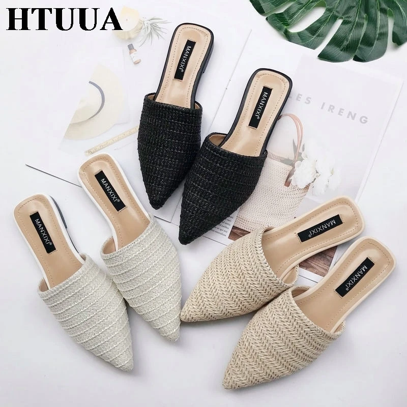 Women Slippers Pointed Toe Weave Mules Shoes Flat Slides Summer Beach Flip Flop Outside Slip On Shoes image 5