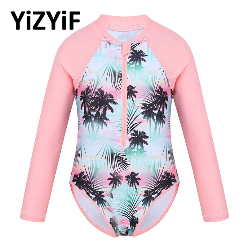 

One piece swimsuit Girls Swimwear Long Sleeves Palm Printed Zippered Swimsuit Bathing Suit Rash Guard Children Swimming Suits