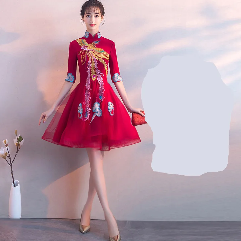 burgundy Высокое качество вышивка Cheongsam Сексуальная Qipao женское традиционное китайское красное платье, вечерний наряд Платья для вечеринок стиль Chinois Femme - Цвет: burgundy