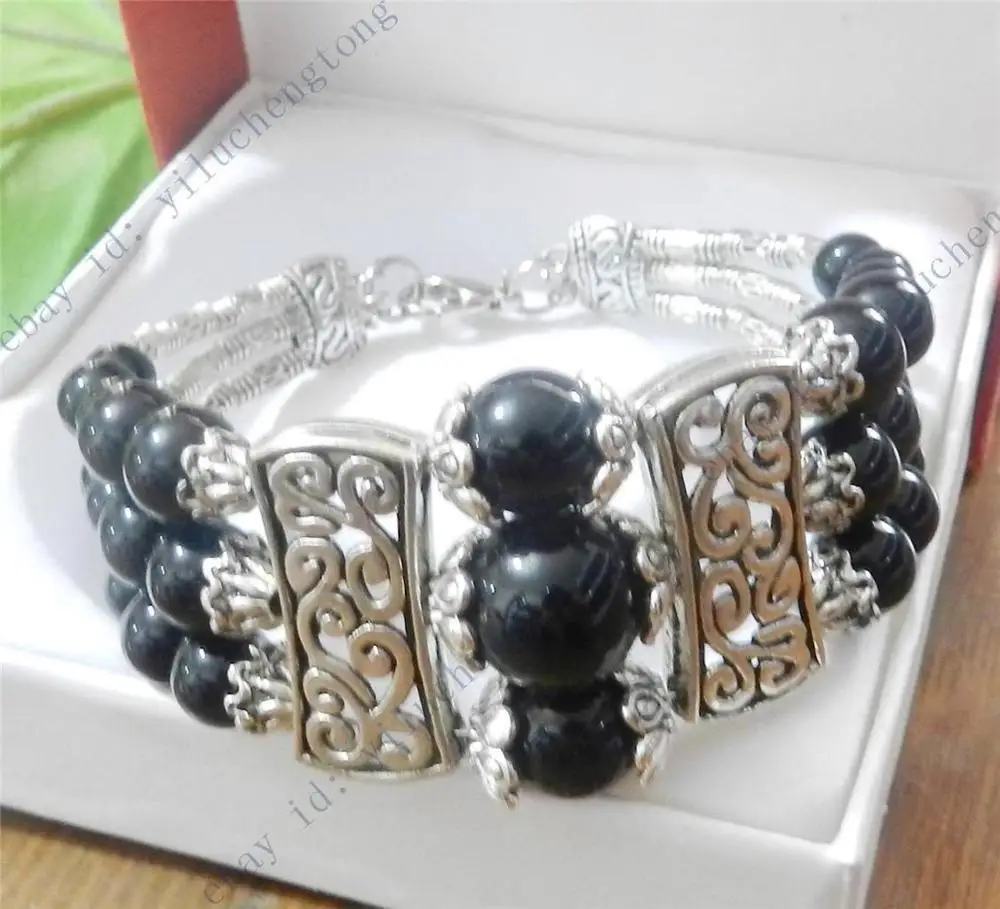 ~! Beautiful! 3 Rows Natural Black Agate Onxy Tibetan Silver Bracelets 7.5&quot | Украшения и аксессуары