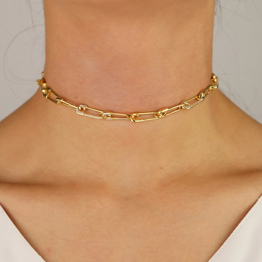 

fashion wholesale factory price gold color jewelry Gold color micro pave cz safety pin chain choker necklace 32+8cm for wedding