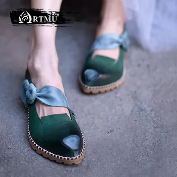 

Artmu Original Retro Handmade Women Shoes Cowhide Pointed Toe Shallow Mouth Shoes Butterfly-knot Flat Leather Shoes 81685