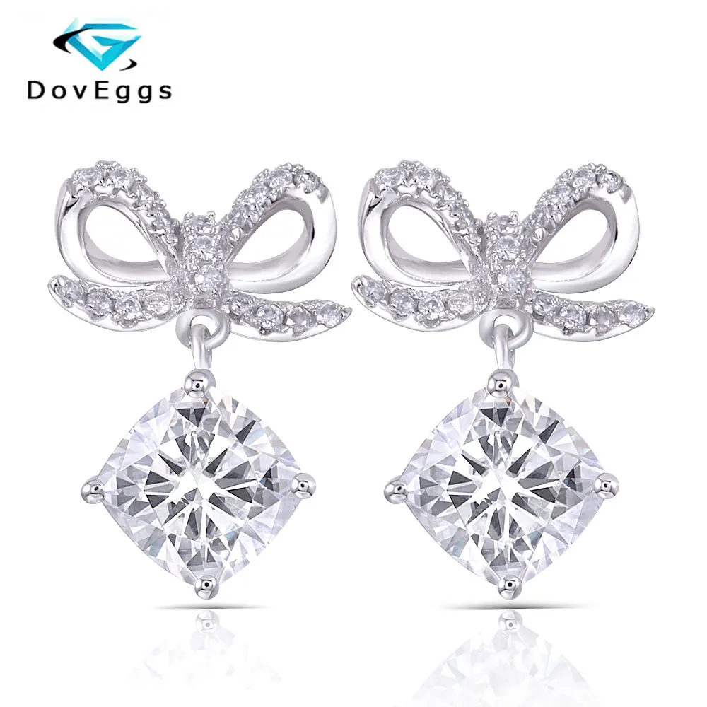 

DovEggs Romantic Platinum Plated Silver Center 6mm GH Color Hearts and Arrows Cut Moissanite Drop Bow-Knot Earrings with Accent