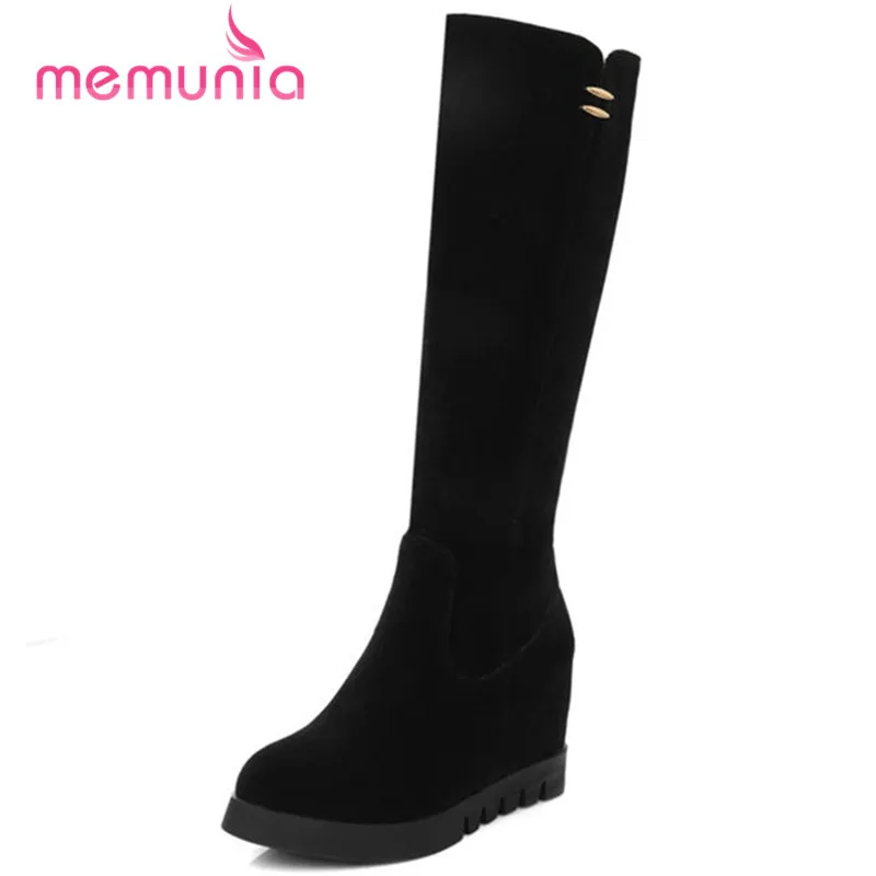 MEMUNIA/Новое поступление г. Осенне-зимние сапоги до колена женские сапоги на высоком каблуке с круглым носком рыцарские сапоги, увеличивающие рост Размеры 33-43