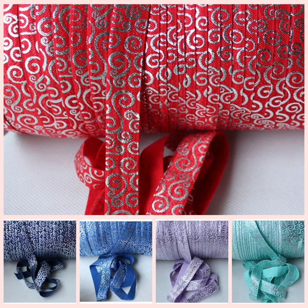 

6 colors 5/8" silver foil Swirl/Paisley printed fold over elastic foe ribbon 50yards