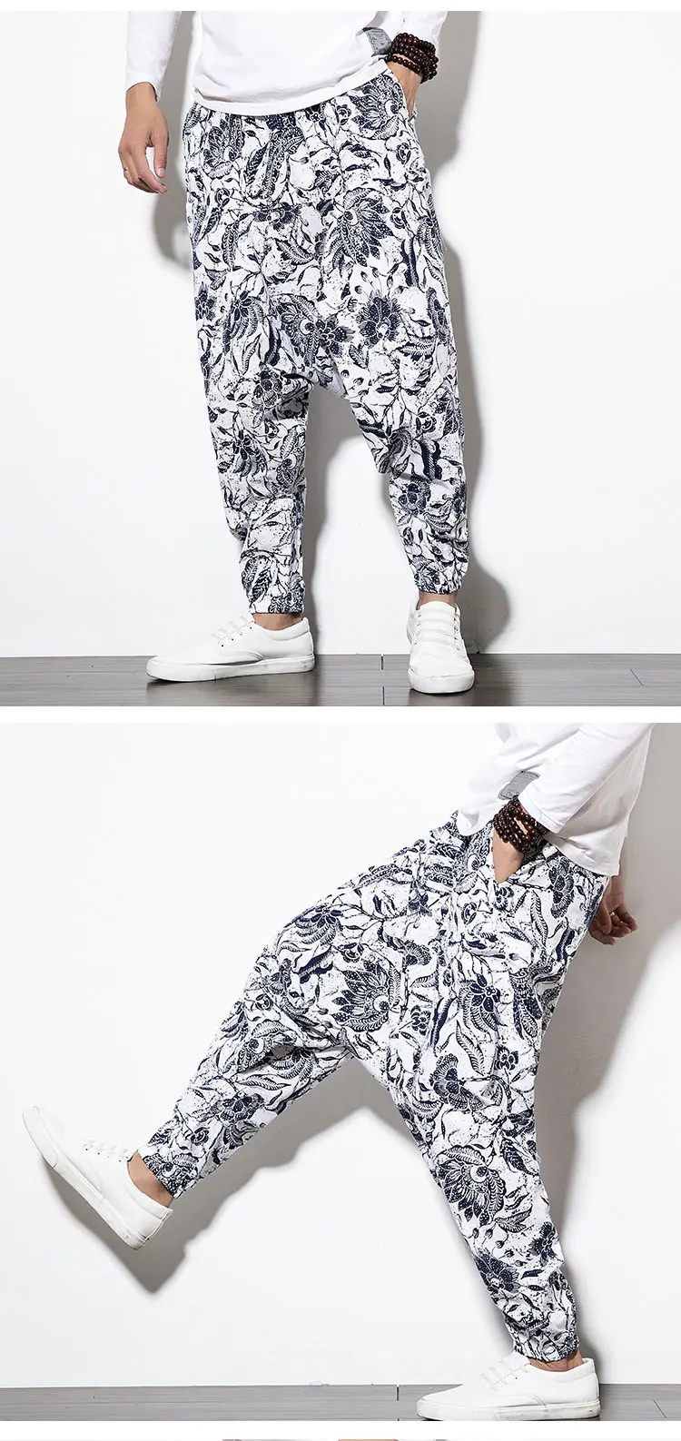 Мужские брюки-шаровары из хлопка и льна в стиле хип-хоп с эластичной резинкой на талии, Свободные мешковатые шаровары с принтом, широкие брюки в китайском стиле, размер M-5XL