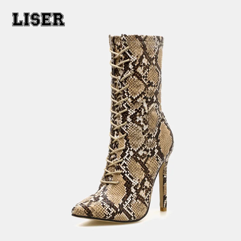 

sexy women boots 2019 high heels python pattern autumn new front laced up 11cm stiletto pointed toe luxury for party plus size