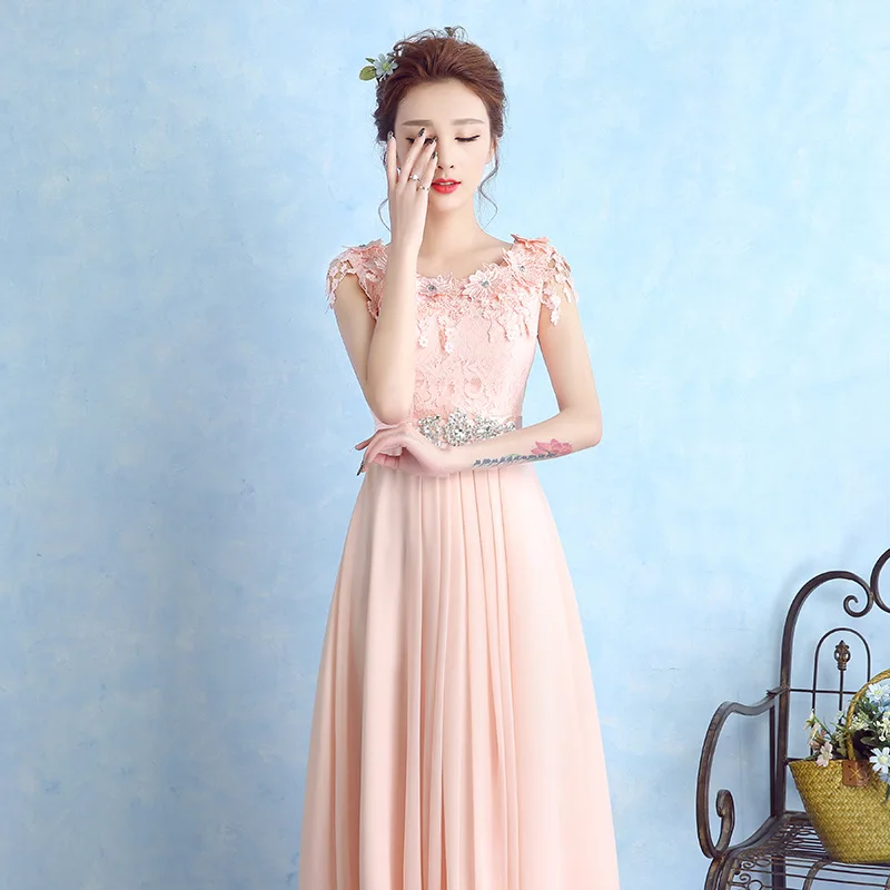 Розовое глубокое круглое декольте шифон Длинные свадебные платья с кружевом Кристалл 2020 vestido dama de honor boda свадебное платье