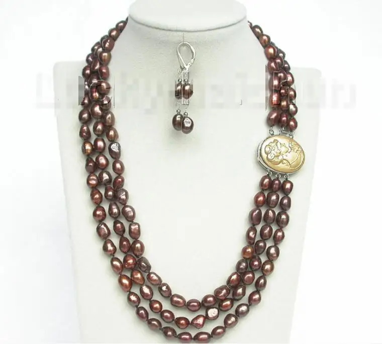 

Free shipping hot sale Women Bridal Wedding Jewelry >>20" 3row 12mm baroque coffee pearls necklace dangle Earrings seashell