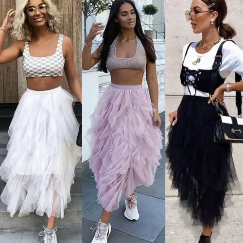 Summer Fashion Women Girls Double Layers Tulle Pleated Retro Long Maxi Skirt Tulle Mesh Boho Party Beach Holiday Skirts