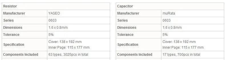 RC0603 0603 Series YAGEO Resistor 3025pcs 0603 Series muRata Capacitor 700pcs Electronic Components Sample Book