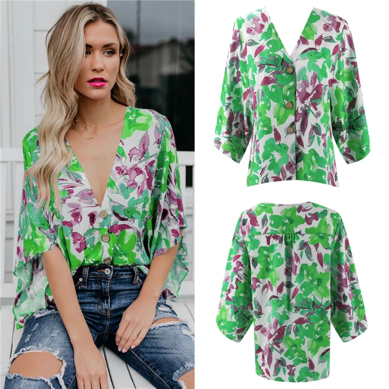 

Hot summer new bat sleeve loose shirt fashion print T-shirt female 2019 spring summer leisure holiday solid color T-shirt B408