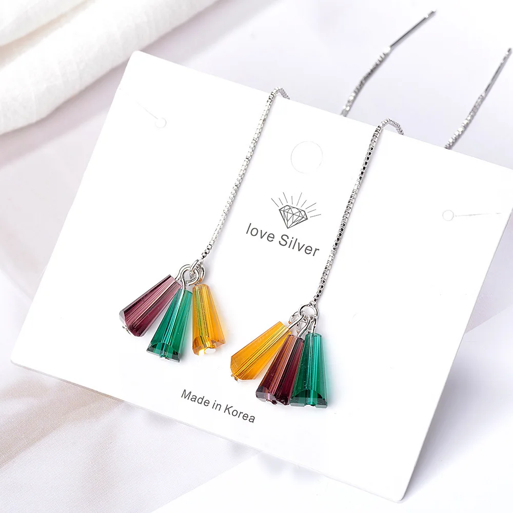 

New Fashion Tassel Ear Line Long Tassel 925 Sterling Silver Earrings Rainbow Color Crystal Earrings For Women Silver Jewelry