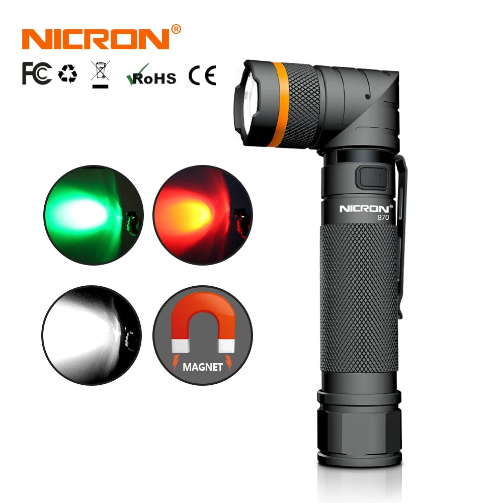 NICRON High Brightness Twist LED Flashlight Handfree Waterproof Magnet 90 Degree Corner Rechargeable Camo Torch B70 / B70-P | Лампы и