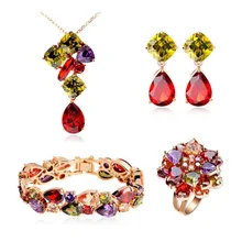 Fashion Joyeria Champagne Gold Color Multicolor Cz Crystal Pendant Necklaces Earrings Mona Lisa Jewelry Sets For Women